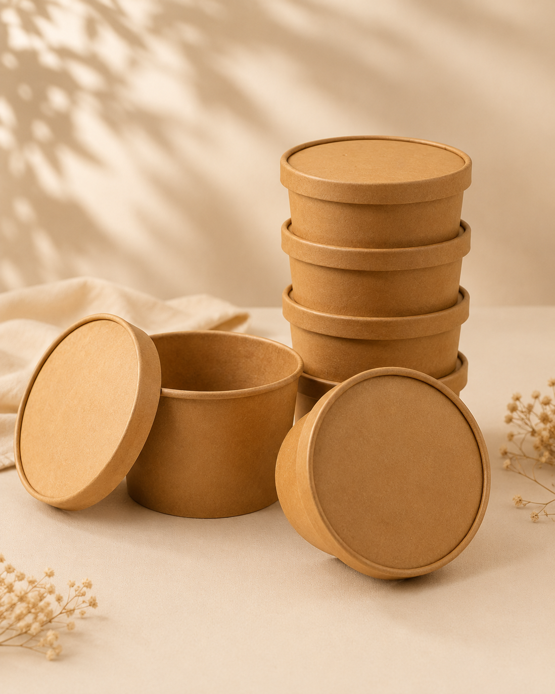 Round kraft paper bowls with matching lids