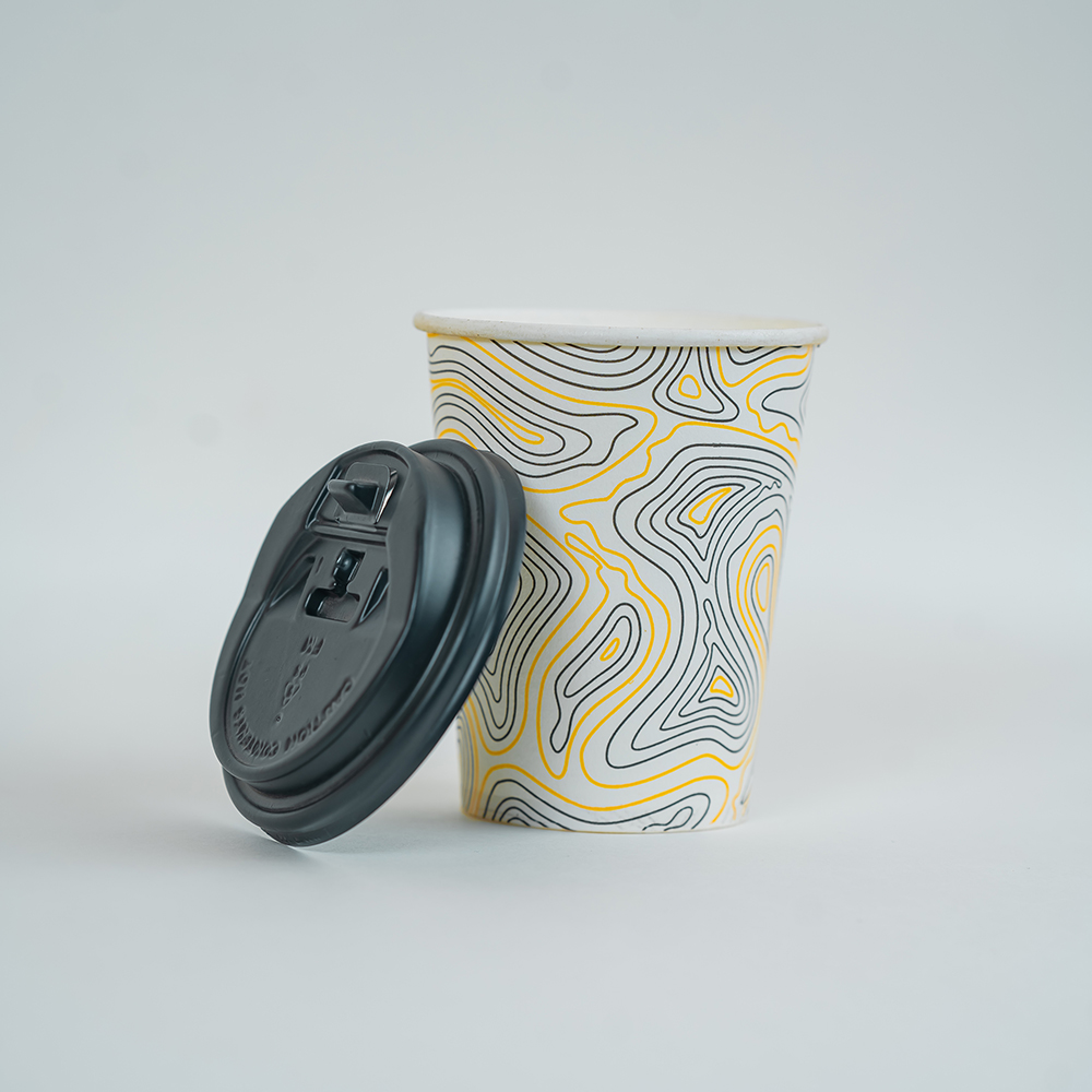 Printed paper cup with black lid